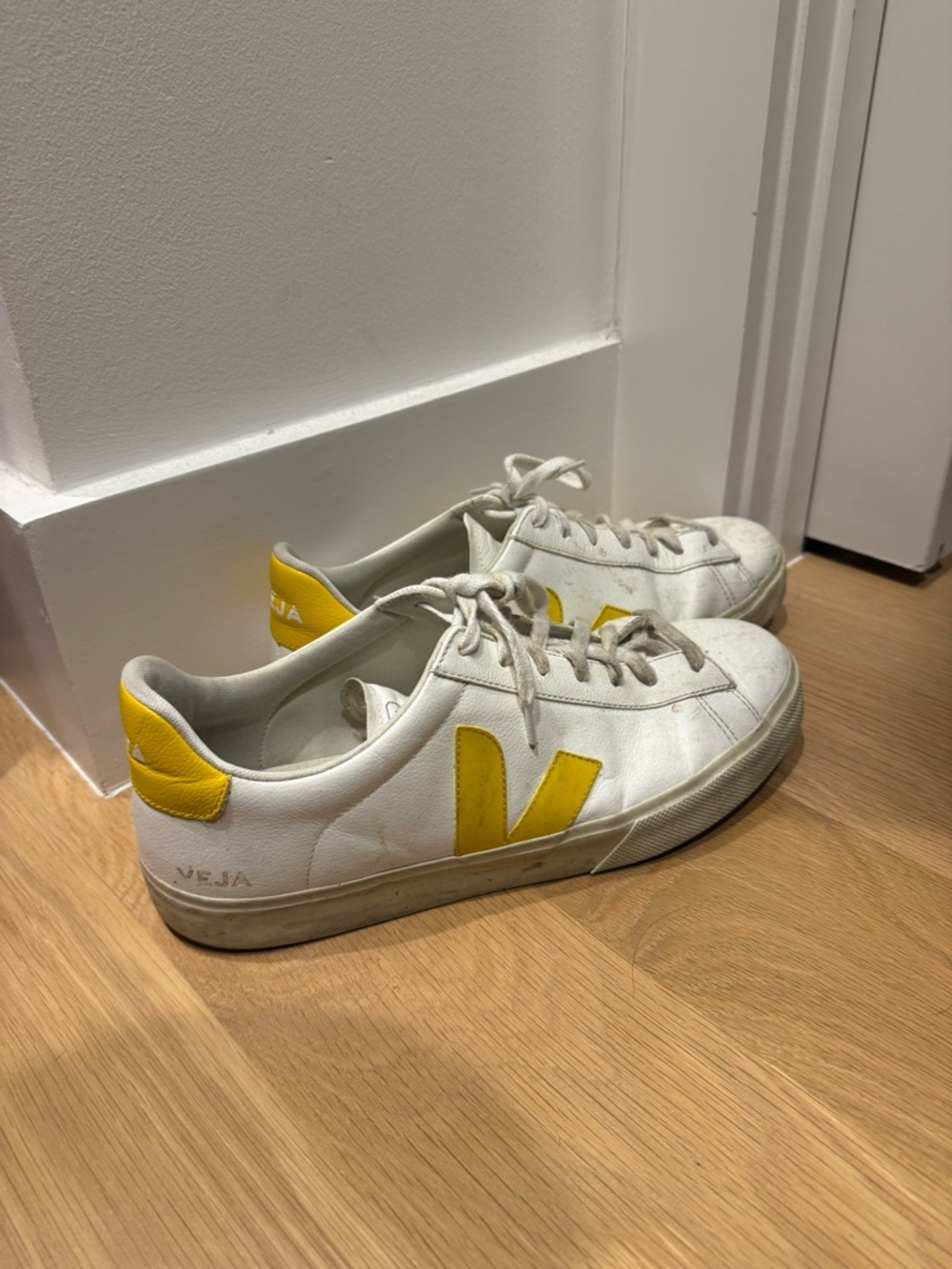 Veja White Leather Sneakers with Yellow Accents